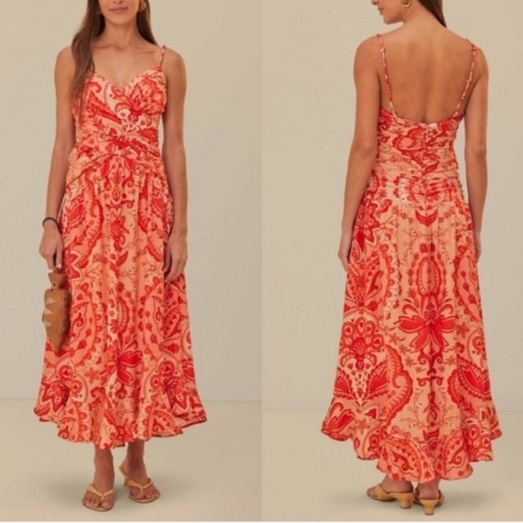 FARM Rio Dresses & Skirts - FARM RIO Jaipur Paisley Crossover Linen Blend Maxi Sundress Red Orange Sze L NWT
